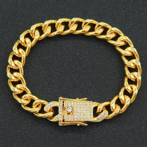Mens gold Cuban link bracelet with iced out rhinestone paved clasp for hip hop style