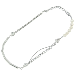 Asymmetric patchwork necklace with pearls, rhinestones and silver cuban link chain