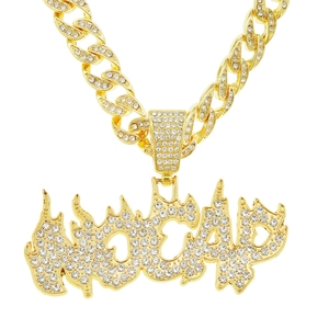 Hip Hop Iced Out Flame Letter Pendant Necklace For Men Alloy Rhinestone Cuban Link Chain Streetwear Punk Jewelry