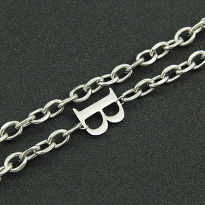 Double layer Cuban chain necklace with letter B pendant in polished stainless steel