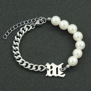 Gothic M letter cuban chain and pearl asymmetric bracelet for men and women