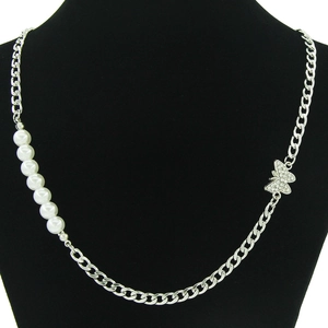 Asymmetric Titanium Steel Necklace With Faux Artificial Pearl And Rhinestone Butterfly Pendant Cuban Chain For Women Punk Style