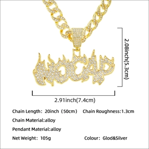 Iced out hip hop necklace with gold flame NO CAP pendant and Cuban link chain