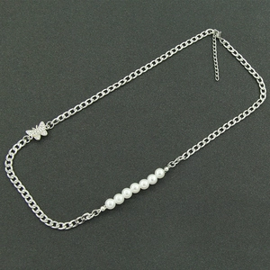 Women's silver titanium steel Cuban chain necklace with butterfly charm and white pearls