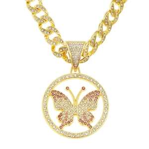 Hip Hop Iced Out Butterfly Round Pendant Necklace Alloy Rhinestone Cuban Link Chain Jewelry For Men Women Party Gifts