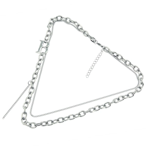 Double-layered silver Cuban chain necklace featuring a bold letter B pendant for women