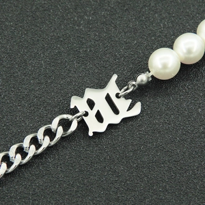 Cuban link and pearl bracelet with gothic M letter pendant in silver titanium steel