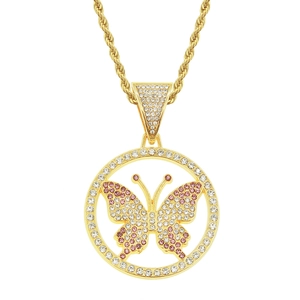 Detailed close-up of a gold butterfly medallion pendant with pink and white crystals