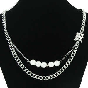 Collier Double Couche En Acier Inoxydable Avec Faux Künstliche Perles Et Pendentif Lettre B Gothique Chaîne Cubaine Accessoires Streetwear
