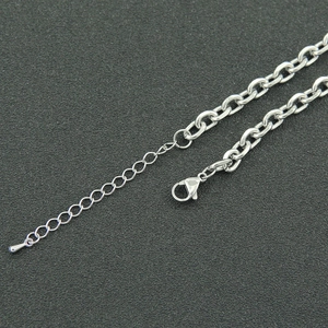 Macro detail of polished titanium steel lobster clasp and extender chain in silver