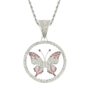 Iced-out butterfly hollow pendant necklace with pink rhinestones on silver rope chain