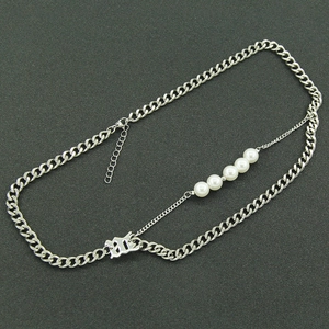 Cool double-layer Cuban chain necklace with pearls and a Gothic B pendant