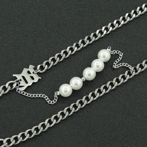 Double-layer silver Cuban chain necklace with white pearls and 1998 gothic number tag