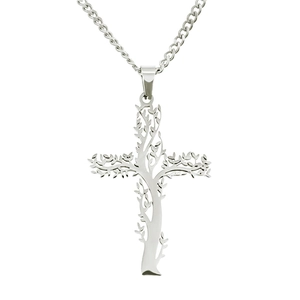 Détail du pendentif arbre de vie et croix en argent sur une chaîne cubaine