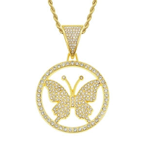 Macro detail of iced-out butterfly round pendant necklace with golden rope chain