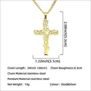 Collier croix arbre de vie en acier inoxydable doré avec une chaîne cubaine de 60cm