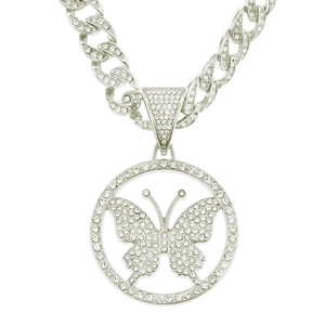Silver iced out Cuban chain necklace with a large hollow butterfly medallion pendant