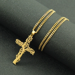 Collier doré avec pendentif croix arbre de vie et chaîne gourmette pour homme et femme