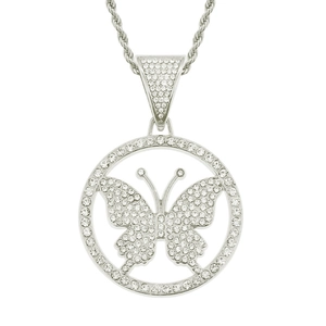 Detailed macro view of iced out butterfly pendant on classic silver rope chain