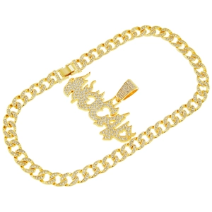 Gold plated hip hop Cuban link necklace with iced out fire heart letter pendant