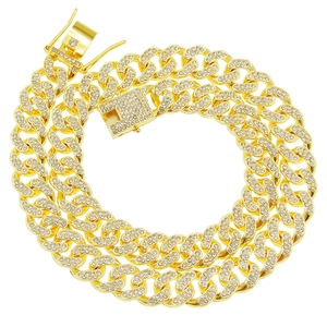 Hip Hop Iced Out Cuban Link Chain Necklace For Men Alloy Pave Rhinestone Miami Curb Link Chain Jewelry Gold Silver