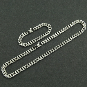 Minimalist 9mm silver titanium steel Cuban chain necklace and bracelet set for street fashion
