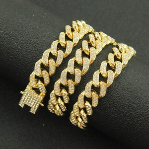 Golden 13mm iced-out Cuban link chain with sparkling rhinestones for hip-hop style
