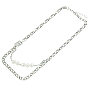 Double-layer silver Cuban chain necklace with white pearls and gothic letter B pendant