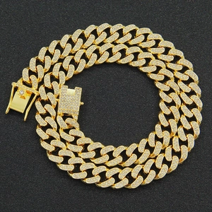 Iced out 13mm wide gold plated Cuban link chain necklace with sparkling crystals for men