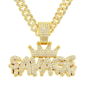 Hip-hop gold SAVAGE crown letter pendant necklace with iced out cuban link chain