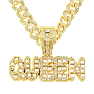 Hip Hop Queen Letter Pendant Necklace Iced Out Pave Rhinestones Zinc Alloy Cuban Link Chain Statement Jewelry For Women