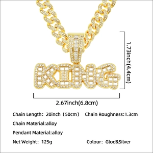 Chaîne cubaine dorée hip hop avec grand pendentif KING, collier glacé de 50cm