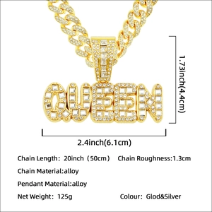 Hip hop QUEEN letter pendant necklace with iced-out cuban chain in gold and silver