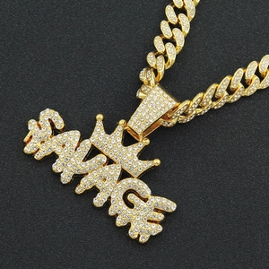 Gold-plated Savage letter crown pendant necklace with Cuban chain and iced out rhinestones