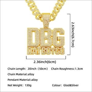 Chaîne cubaine hip-hop avec grand pendentif lettres DBG serti de cristaux en or et argent