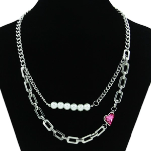 Double Layer Heart Pendant Necklace Titanium Steel Silver Color Pink Rhinestone Faux Artificial Pearl Cuban Chain Choker For Women Trendy Jewelry