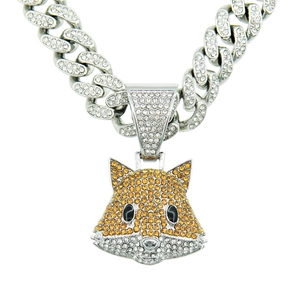 Hip Hop Iced Out Fox Pendant Necklace Men Cuban Link Chain Alloy Rhinestone Animal Pendant Punk Street Jewelry Accessories