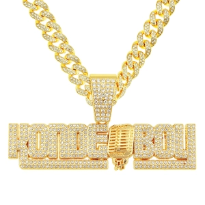 Collier Hip Hop en Alliage Pendentif Microphone Lettre Homme Iced Out Strass Chaîne Mailles Cubaines Bijoux Streetwear Fête