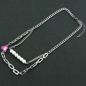 Double-layered Cuban chain necklace with pink heart gemstone and white pearl accents
