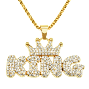 Hip hop gold crown KING pendant necklace with shiny rhinestones and long box chain link