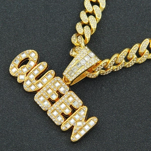 Hip hop cuban chain necklace with iced-out QUEEN letter pendant and sparkling rhinestones