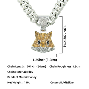 Hip hop fox head pendant necklace with iced out rhinestones on 20 inch cuban chain