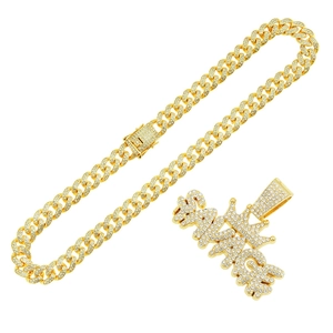 Gold plated hip hop Cuban link chain with iced out SAVAGE crown pendant necklace