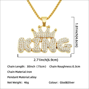 Hip hop crown KING letter pendant necklace with full iced out zircons and long iron chain