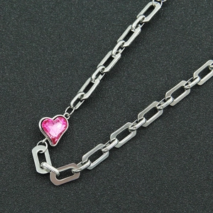 Cuban link necklace with pink heart crystal and silver paperclip chain for women