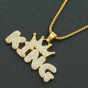 Hip hop KING letter pendant with crown and rhinestones on gold box chain necklace