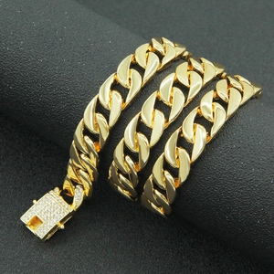 Mens 13mm gold plated cuban link chain necklace with iced out rhinestone butterfly clasp