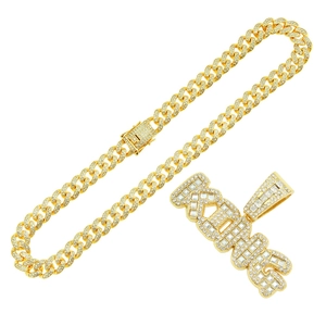 Collier chaîne cubaine dorée hip hop avec pendentif lettre KING serti de zircons