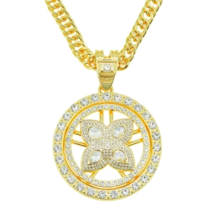Collier Pendentif Fleur Rotatif Iced Out Hip Hop Rond Tournant Trèfle à Quatre Feuilles Alliage Fer Chaîne Cubaine Bijoux Homme Femme