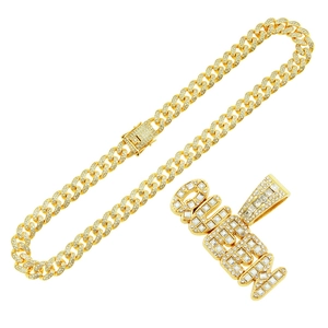 Men's hip hop gold plated Cuban link chain with iced out QUEEN letter pendant